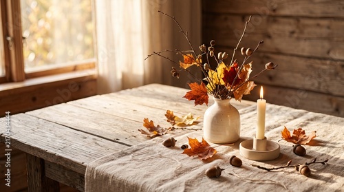 Cozy autumn bedroom interior with soft blanket, vase with dried leaves and candles on bedside table, warm sunlight through window, peaceful seasonal home decor and relaxing hygge atmosphere.