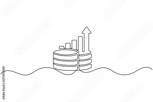 Business growth bar chart with money coins continuous one line drawing financial profit success vector outline illustration