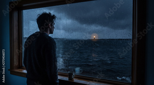 A man seen from behind at a rainy window looking at a lighthouse at night.