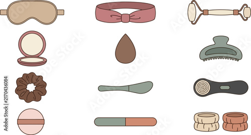 Beauty and skincare tools arranged with clean lines for self-care routines vector illustration