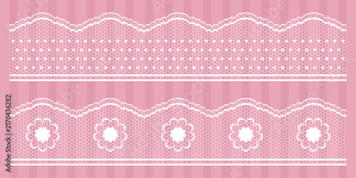 Lace Border. Decorative white lace borders on pink striped background. Delicate floral and dotted lace trim set for invitation, greeting card, wedding stationery, scrapbook, poster and feminine design
