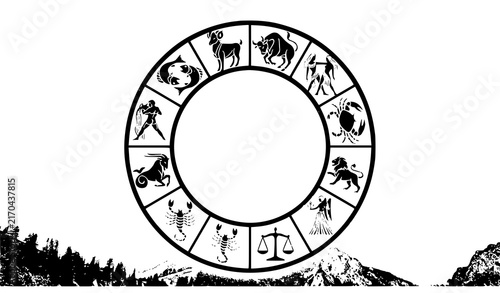 Zodiac Wheel Circle with Twelve Astrology Signs and Mountain Silhouette Black and White Vector Illustration