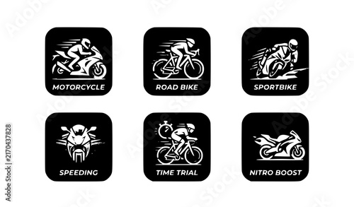 Motorcycle and Road Bike Icon Set with Sportbike Speeding Time Trial and Nitro Boost Symbols Vector Illustration