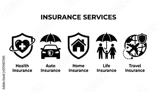 Insurance Services Icon Set with Health Auto Home Life and Travel Insurance Shield Symbols Vector Illustration