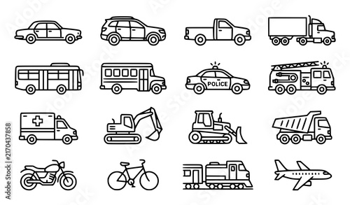 Transportation Vehicle Icon Set with Car Bus Truck Train Plane and Motorcycle Line Vector Illustration Collection