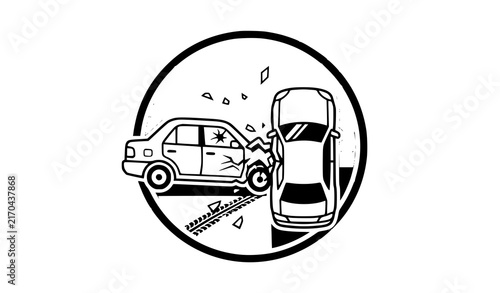 Car Accident Icon in Circle with Two Vehicles Crash Collision on Road Black and White Vector Illustration