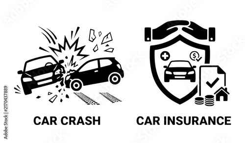Car Crash and Car Insurance Icon Set with Accident Shield Protection and Vehicle Coverage Vector Illustration