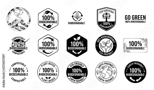 Biodegradable Eco Friendly Badge Set with Go Green Compostable and Sustainable Stamp Vector Illustration Collection