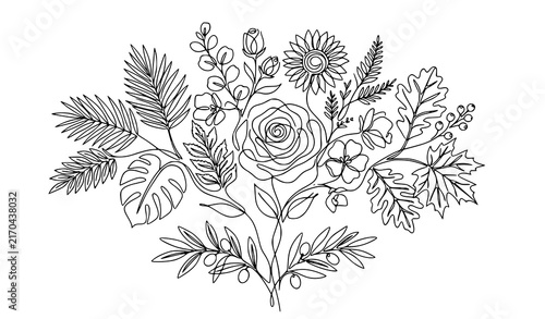 Hand Drawn Floral Bouquet Line Art with Rose Daisy Monstera Leaves and Wildflowers Black and White Vector Illustration