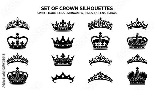 Set of Crown Silhouettes with Simple Dark Icons for Monarchy Kings Queens and Tiaras Black Vector Illustration
