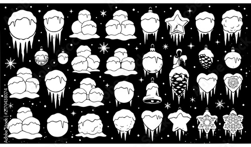 Snow Cap Icicle Icon Set with Winter Snowflake Star and Frozen Ice Elements Black Background Vector Illustration