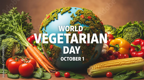 World Vegetarian Day banner with globe and fresh vegetables, October 1 celebration concept, healthy organic food assortment