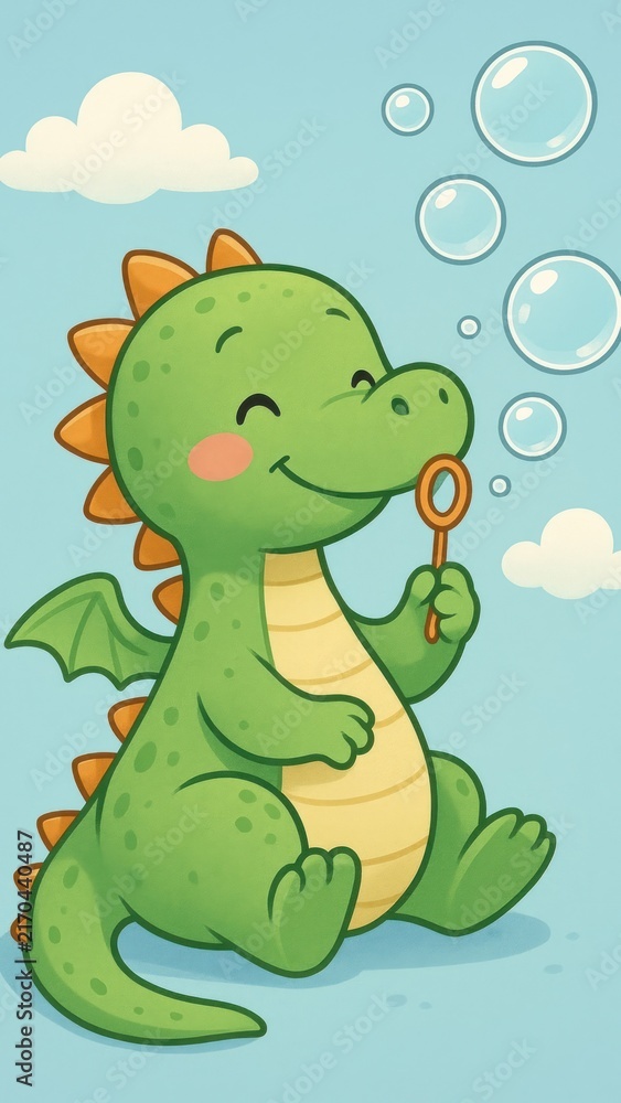 Naklejka premium Cute dragon blowing bubbles joyfully.