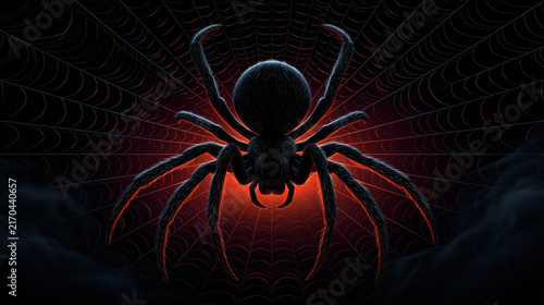 Black spider on glowing red web, dark atmospheric Halloween poster illustration creating eerie suspense and dramatic mystery