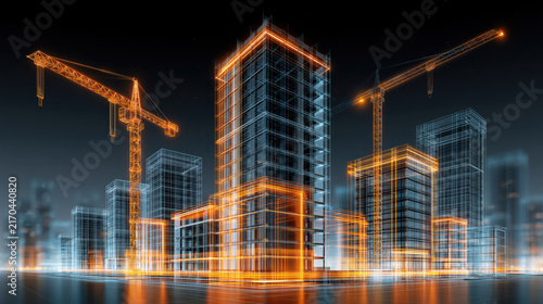 Construction site crane beside illuminated building architecture in futuristic city at night with glowing urban skyline and glass tower