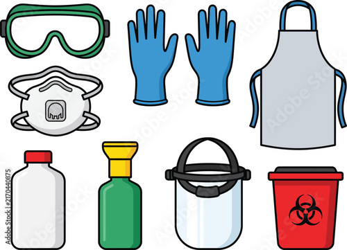 Safety equipment collection including goggles gloves apron mask and chemical containers vector illustration