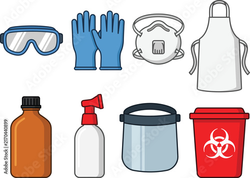 Safety equipment and cleaning supplies illustration with goggles gloves apron and containers