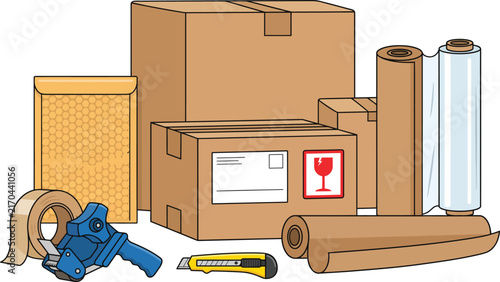 Cardboard boxes packing tape bubble wrap and shipping supplies illustration on a white background