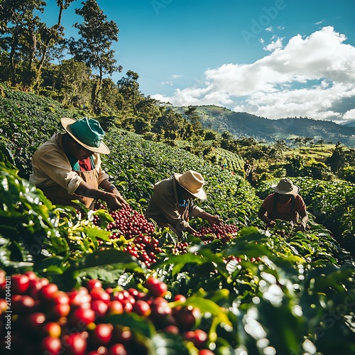 Farmers harvesting ripe coffee cherries on a lush green plantation on a sunny day.