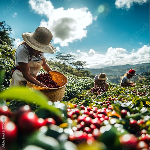 Farmers Harvesting Ripe Red Coffee Beans on a Sunny Plantation.