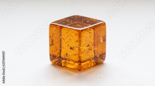 Translucent amber cube with bubbles inside, smooth glossy edges, warm hue, placed on light surface highlighting refraction and internal reflections.