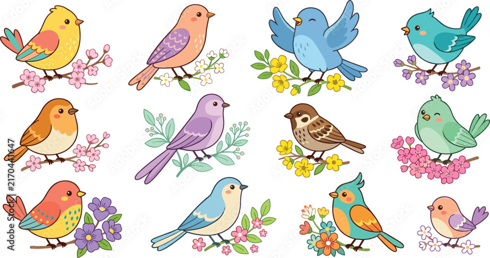 Naklejka premium Cute Spring Birds and Blooming Botanical Branches Vector Illustration Set with Colorful Sparrows Finches Bluebirds and Blossoms for Baby Nursery Graphic Designs