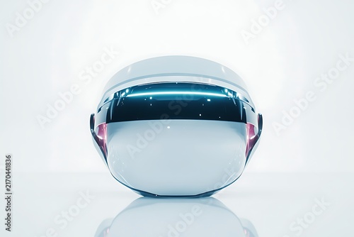 Futuristic VR Headset with Glowing Blue Visor on White Background.
