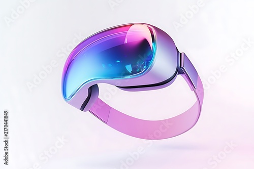 Futuristic VR headset with vibrant iridescent colors on a white background, symbolizing virtual reality and metaverse experiences.