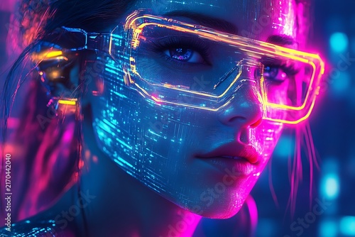 Futuristic Woman with Glowing Cyberpunk Glasses and Digital Face Paint.