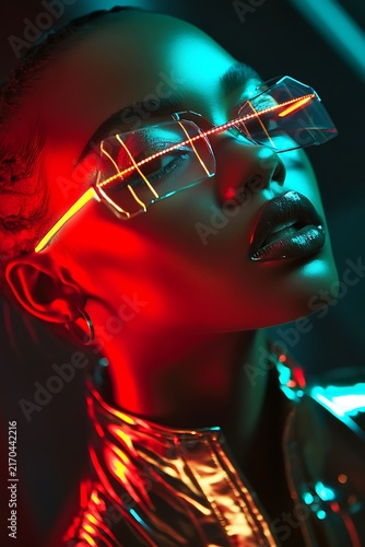 Futuristic Woman with Neon Glasses and Metallic Jacket.