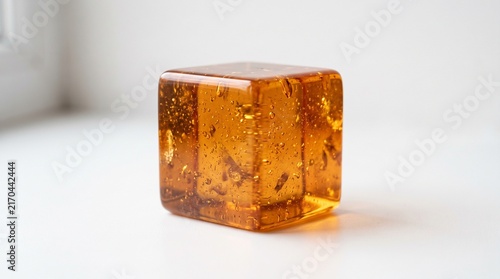 Translucent amber cube with air bubbles inside, glossy texture, warm hue, floating on white surface highlighting refraction and internal reflections.