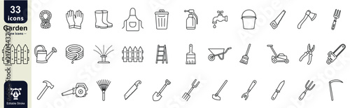 Garden tools icon set. Outline icons collection, featuring gloves, boots, watering can, hose, rake, saw, shovel, wheelbarrow, mower and more tools