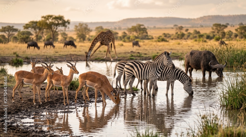 Naklejka premium Group of wild animals drinking at a watering hole