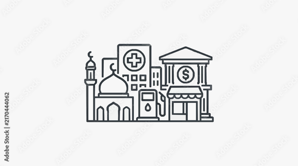 Fototapeta premium Modern Minimalist Line Art Cityscape with Mosque Hospital Bank and Tech Icons
