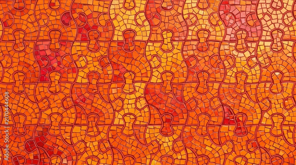 Fototapeta premium Vibrant orange mosaic tile pattern, interlocking puzzle piece wall texture, warm red and yellow ceramic stone artwork isolated PNG with Transparent Background