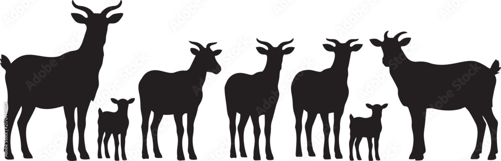 Naklejka premium Black and White Silhouette Illustration of Goat Herd with Kids and Adults Standing Together - Minimalist Animal Vector Art