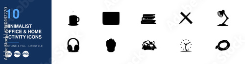 Minimalist Office and Home Activity Icons Set, Outline and Fill Style. Modern Vector Design