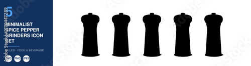 Spice Pepper Grinders Icon Set, Minimalist Design, Five Black Kitchen Tools for Seasoning Food, Culinary Concept.