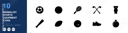 Minimalist Sports Equipment Icons Set, Outline and Fill Design. Vector Illustration for Fitness, Recreation