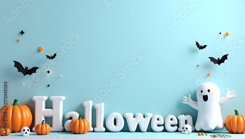 Cute 3D Halloween Background Featuring A Friendly Ghost And Orange Pumpkins Display