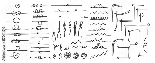 Text Dividers and Decorative Corners Hand Drawn Set. Minimalist Page Borders, Vignette Accent Lines, Loops, Wavy, Knots, and Swirl Calligraphy Collection. Isolated Doodle on White. Line Art