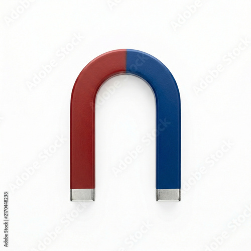 Red and blue horseshoe magnet on a plain white background  