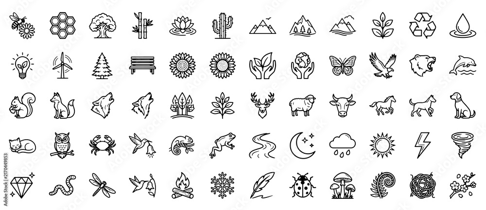Obraz premium Diverse nature wildlife and environmental landscape outline icon set collection