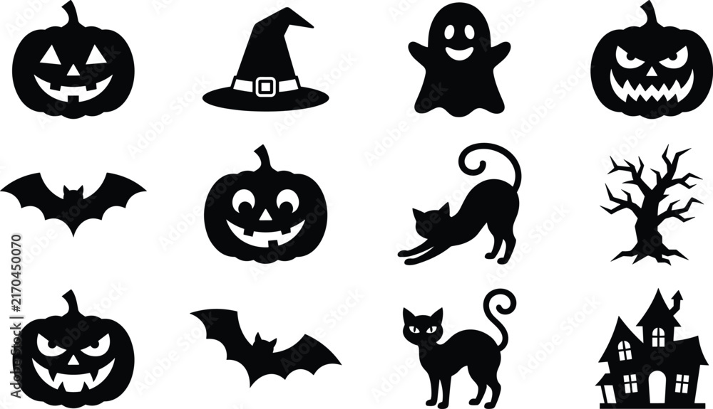 Fototapeta premium Halloween Vector Icons Silhouettes Pumpkins Ghosts Haunted House Clipart Set