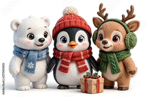 Adorable polar bear, penguin, and reindeer friends wearing colorful winter scarves and hats beside a Christmas gift, isolated on a white background