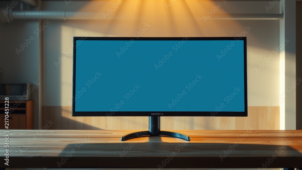Fototapeta premium Monitor sits upon wooden surface. Light streams from above, creating dramatic shadows. Interior scene, simple composition.