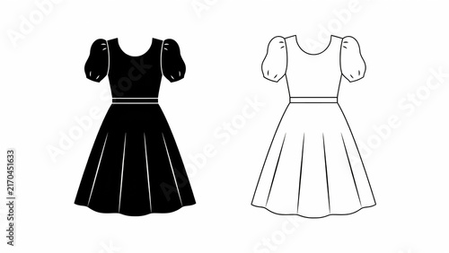 Black and white line drawing of a woman's dress and skirt patterns on a white background with women s dress skirt pattern fashion design sewing art