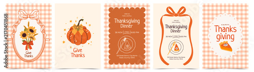 Thanksgiving greeting card set with ribbon bows, checkered pattern, pumpkin, pie in whimsical hand drawn coquette style. Vector template for invitation, poster, wall art and printable
