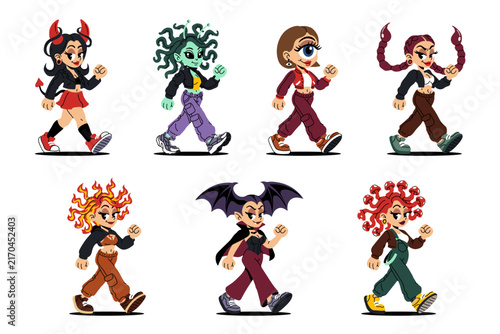Cute Halloween Female Characters Collection with Witch and Fantasy Costumes