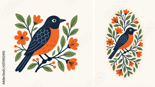 Colorful illustration of a blue jay perched on a branch surrounded by autumn leaves and berries with bird illustration nature illustration bird art